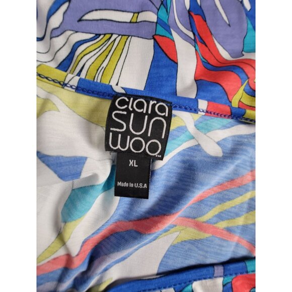 Clara Sunwoo Womens XL Floral Print Asymmetrical Tunic Top Blouse Blue Stretch - Picture 3 of 8